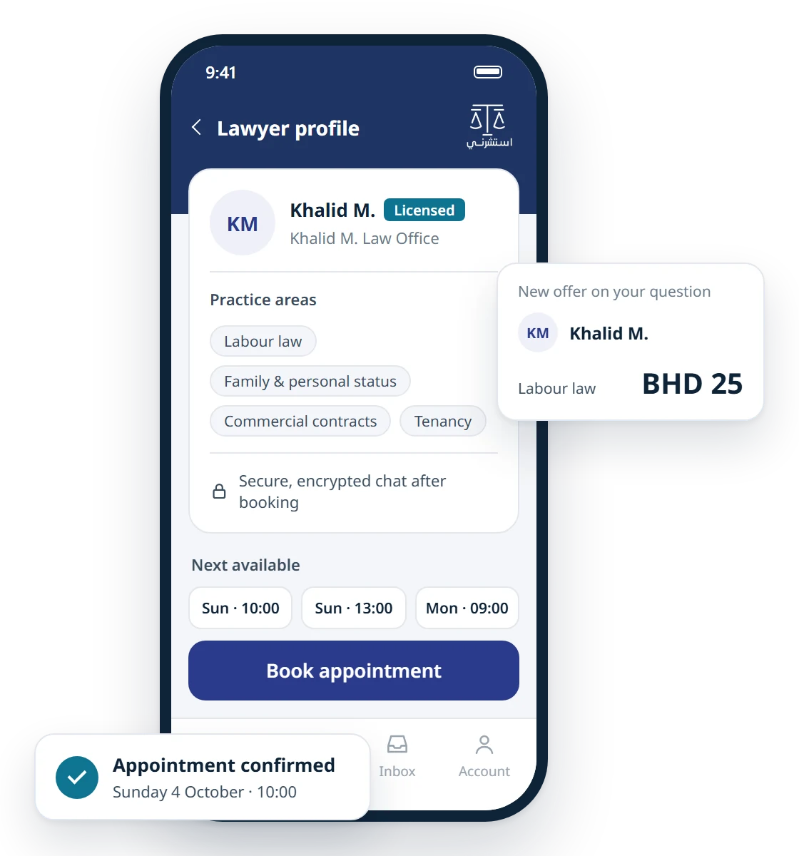 The ConsultMe app: a licensed lawyer's profile, an offer on a question and a confirmed appointment